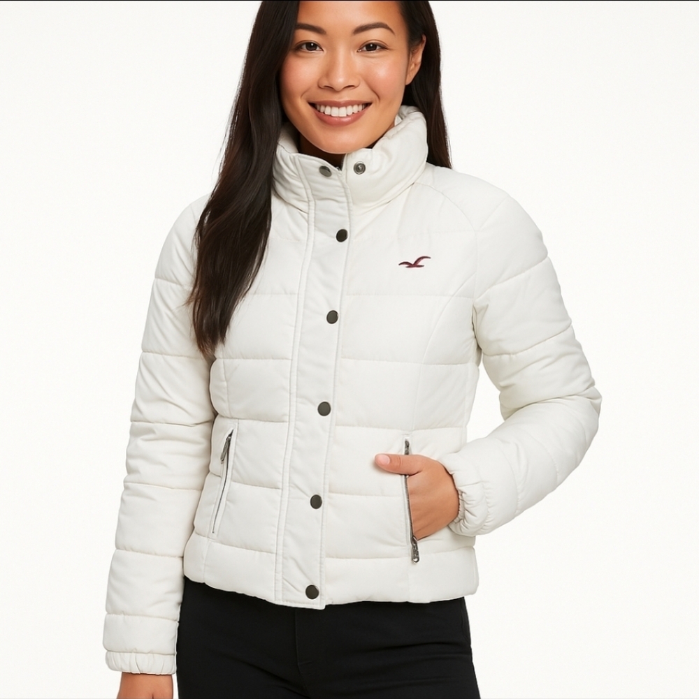 Vintage Hollister White Puffer Jacket Faux Fur Fleece Lined Y2K Women’s L - Picture 2 of 11